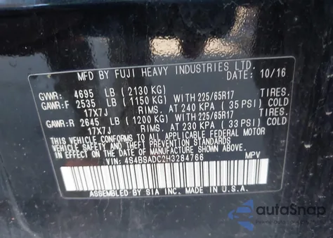 2017 Subaru Outback 2.5I Premium z USA, uszkodzony, nr VIN 4S4BSADC2H3284766